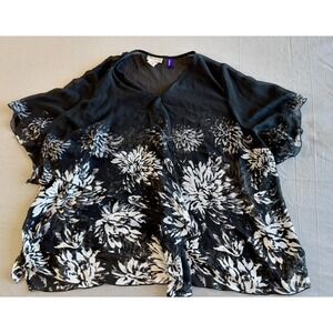 CATHERINES Top 2XWP BLACK‎ White Floral Tunic V Neck
